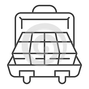 Suitcase with money thin line icon, finance concept, business briefcase full of money sign on white background, open