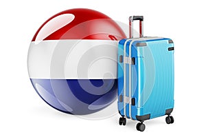 Suitcase with the Netherlands flag. Holland travel concept, 3D rendering