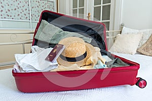Suitcase pink passport Romanian hand woman big luggage baggage hat summer door
