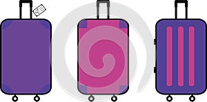 Luggage icon. Flat suitcase. Vector illustration of purple, blue and pink suitcases on a white background. Set of colorful luggage