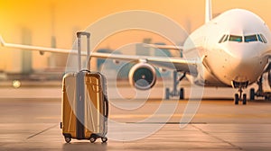 A suitcase on a runway with blurred airplane in the background.