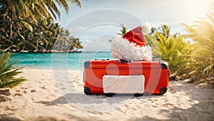 Suitcase Santa hat, sea journey christmas summer vacation background bag tourism