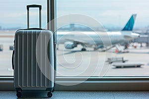 a suitcase is sitting in front of a window at an airport