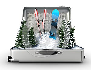 Suitcase ski and snowboard with snow inside