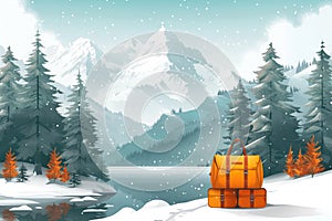 A suitcase on a snowy picturesque landscape is an opportunity to enjoy the unique nature.