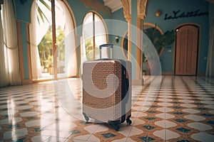 suitcase standing in empty hotel hall with in luxury resort holiday retro colors