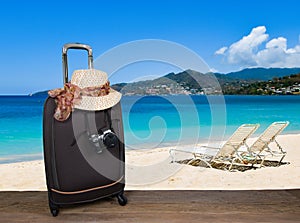 Suitcase with summer hat and camera on tropical beach.