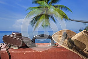 Suitcase, sun hat, photo camera and sunglasses with sea water, coconut palm tree and blue sky background on sunny summer day in
