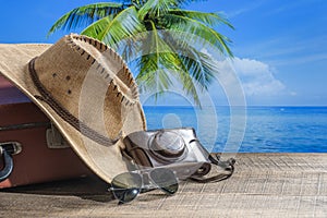 Suitcase, sun hat, photo camera and sunglasses with sea water, coconut palm tree and blue sky background on sunny summer day in