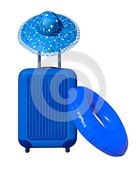 Suitcase with sun hat and rubber ring