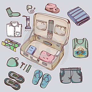 Suitcase with things clothing for travelling