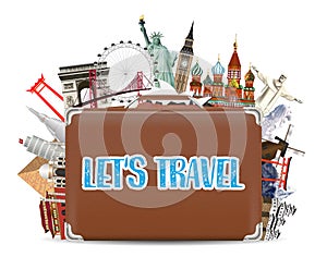 Suitcase travel bag with world travel landmark
