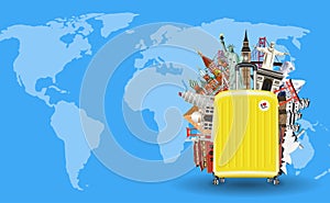 Suitcase with travel landmark on world map