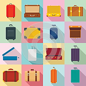 Suitcase travel luggage bag icons set, flat style