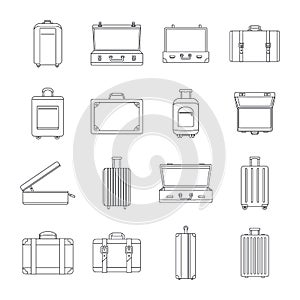 Suitcase travel luggage icons set, outline style