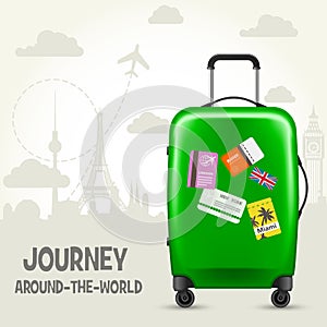 Suitcase with travel tags and european landmarks - tourism