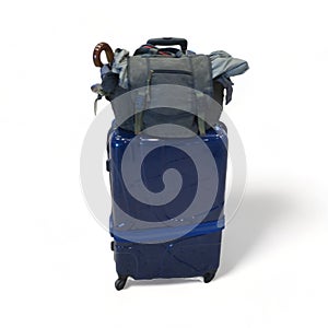 Suitcase and trolly for carrying clothing on white background- photo