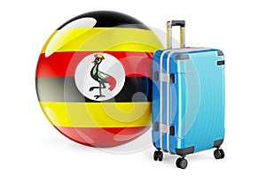 Suitcase with Ugandan flag. Uganda travel concept, 3D rendering