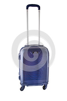 Suitcase on wheels isolated on white background. Hand luggage on the plane. Baggage. Small compact bag with telescopic
