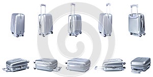 Suitcase white background. Silver plastic luggage or vacation baggage bag collection isolated. Copy space of summer vacation and