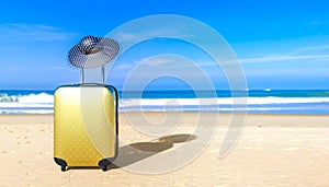 Suitcase with woman sun hat on sea beach. Travel baggage concept.