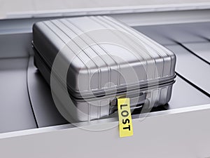 Suitcase with Yellow Lost Sticker on Baggage Transporter 3d Illustration