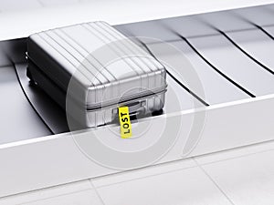 Suitcase with Yellow Lost Sticker on Baggage Transporter 3d Illustration