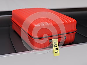 Suitcase with Yellow Lost Sticker on Transporter Belt 3d Illustration