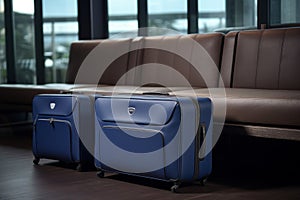 Suitcases in airport terminal waiting area, Tourist journey trip concept, forgotten luggage