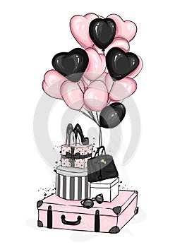 Suitcases, bag, shoes and fashion accessories with heart-shaped balloons. Dessert. Vector illustration for greeting card or poster