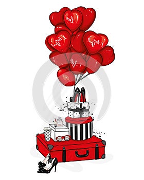 Suitcases, bag, shoes and fashion accessories with heart-shaped balloons. Dessert. Vector illustration for greeting card or poster