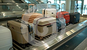 Suitcases and bags on the airport baggage carousel create an exciting modern look