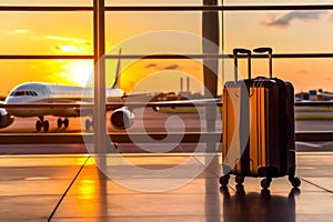 Suitcases with luggage in airport departure lounge with airplane in background. Traveler suitcases in airport terminal waiting