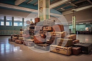 suitcases stacked near baggage claim waiting area