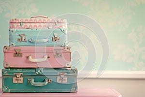 Suitcases stacked together on pastel background. Generative AI