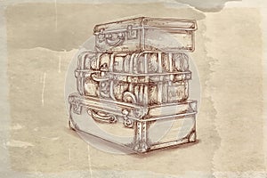 Suitcases in vintage style. Hand drawn illustration. Vector.