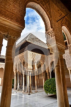 Suite of columns inside the Palacio de los Leones, Alhambra Spain