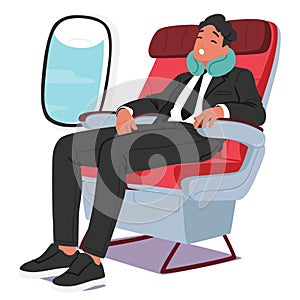 Suited Businessman On Plane, Eyes Closed, With A Neck Pillow, Symbolizing Brief Respite Amidst His Hectic Schedule