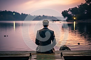 Suited contemplation man seated on dock edge, overlooking tranquil waters