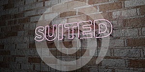 SUITED - Glowing Neon Sign on stonework wall - 3D rendered royalty free stock illustration