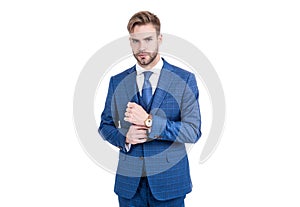 Suiting trend. Broker wear classic navy suit. Being in line with latest fashion trend