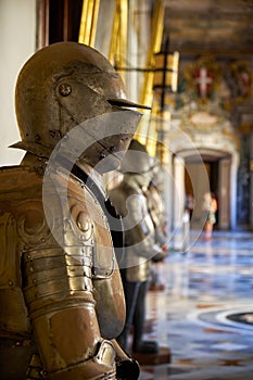 The suits of armour in the Grandmaster`s Palace. Valletta. Malta