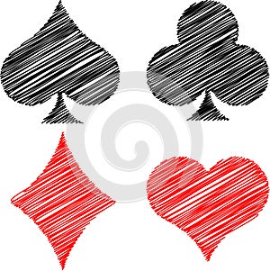 Suits of playing cards in the form of doodles Hearts, Diamonds, Club, Spades. Red and black on a white background