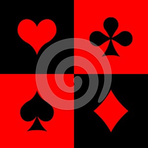 Suits of playing cards. vector illustration on red and black background.