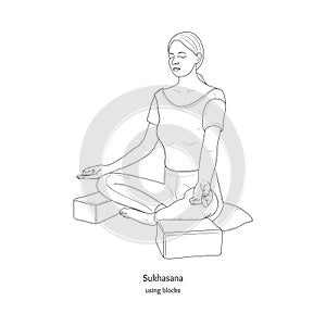 Sukhasana or Easy Pose with Blocks and a Pillow. Yoga Practice. Vector