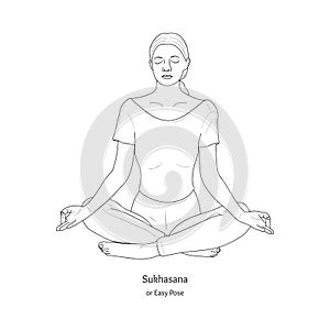 Sukhasana or Easy Pose with Chin Mudra. Yoga Practice. Vector