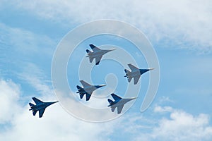 Sukhoi Su-37 jet fighter aircrafts in the blue sky