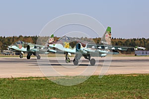 Sukhoi Su-25SM of russian air force taking off at Kubinka air force base.