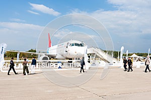 Sukhoi Superjet 100 passenger airliner on display