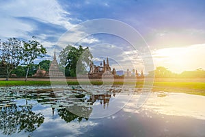 Sukhothai Historical Park Landscape wide angle view at Sukhothai World Heritage Site